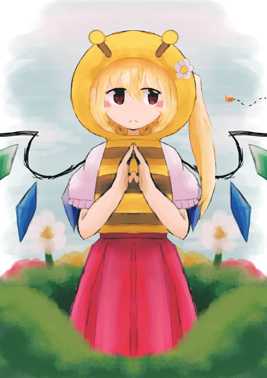 1girl absurdres bee bee_hood blonde_hair bug bush commentary english_commentary flandre_scarlet flower hair_flower hair_ornament highres iesonatana long_skirt looking_to_the_side own_hands_together red_eyes red_skirt short_sleeves side_ponytail simple_background skirt solo standing touhou trail white_flower wings