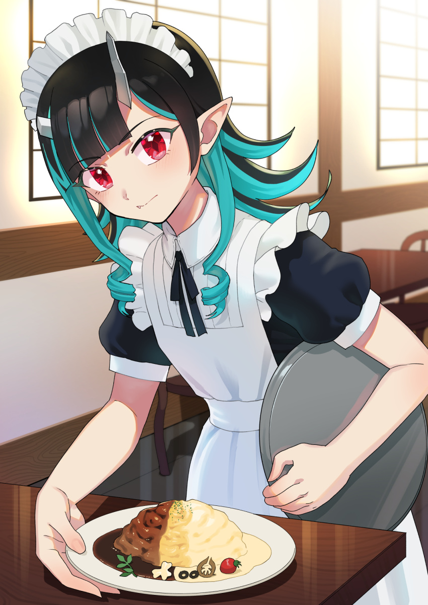 1girl alternate_costume apron black_bow black_bowtie black_dress black_hair blue_hair blunt_bangs blush bow bowtie buren chair cherry_tomato closed_mouth commentary_request cowboy_shot curry curry_rice demon_girl demon_horns dress enmaided expressionless fang fang_out flat_chest food frilled_apron frills highres holding holding_tray horns indoors long_hair looking_at_viewer maid maid_apron maid_headdress medium_bangs multicolored_hair nanashi_inc. omelet omurice plate pointy_ears puffy_sleeves red_eyes rice shishio_chris short_sleeves solo table tomato tray two-tone_hair virtual_youtuber white_apron window