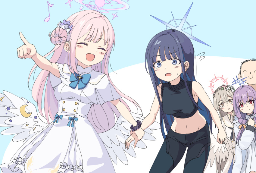 1boy 3girls :d ^_^ angel_wings arona's_sensei_doodle_(blue_archive) atsuko_(blue_archive) black_hair black_pants blue_archive blue_eyes blunt_bangs bow braid closed_eyes colored_inner_hair commentary_request confused feathered_wings flower flying_sweatdrops grey_eyes grey_hair hair_between_eyes hair_bow hair_bun hair_flower hair_ornament hair_ribbon hair_scrunchie halo highres holding_hands leaning_forward long_hair long_sleeves low_twintails mika_(blue_archive) momomatang multicolored_hair multiple_girls nagisa_(blue_archive) navel one_side_up pants pink_hair pointing purple_hair red_eyes ribbon saori_(blue_archive) school_uniform scrunchie sensei_(blue_archive) serafuku sidelocks simple_background single_side_bun sleeveless smile stomach sweatdrop twin_braids twintails two-tone_hair white_wings wings