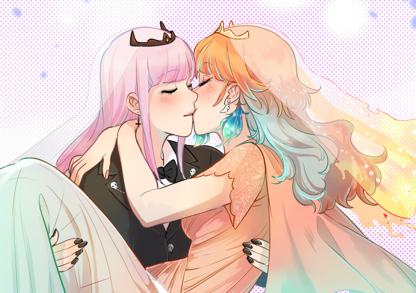 2girls blush breasts bridal_veil bride carrying close-up closed_eyes couple dress earrings eyelashes feather_earrings feathers gradient_hair green_hair groom highres holding hololive hololive_english jewelry kiss long_hair mori_calliope multicolored_hair multiple_girls orange_hair pink_hair princess_carry simple_background takanashi_kiara tiara ticcy tuxedo veil virtual_youtuber wedding wedding_dress wife_and_wife yuri