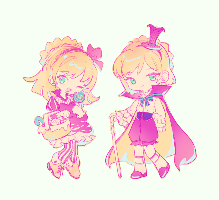 1boy 1girl as-zero blonde_hair blue_bow blue_bowtie bow bowtie cape dress frilled_dress frills full_body hat highres library_of_ruina long_hair medium_hair mini_hat mini_top_hat one_eye_closed open_mouth pink_cape pink_headwear pink_shorts project_moon shorts simple_background smile socks tiphereth_a_(project_moon) tiphereth_b_(project_moon) top_hat white_background white_socks