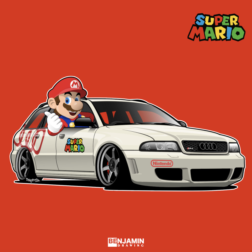 1boy artist_name audi audi_rs4 benjamin_(user_scjv3278) blue_eyes blue_overalls brown_hair car facial_hair gloves hat highres logo male_focus mario motor_vehicle mustache open_mouth overalls red_background red_headwear red_shirt shirt smile solo stance_(vehicle) super_mario_bros. thumbs_up vehicle_focus white_gloves