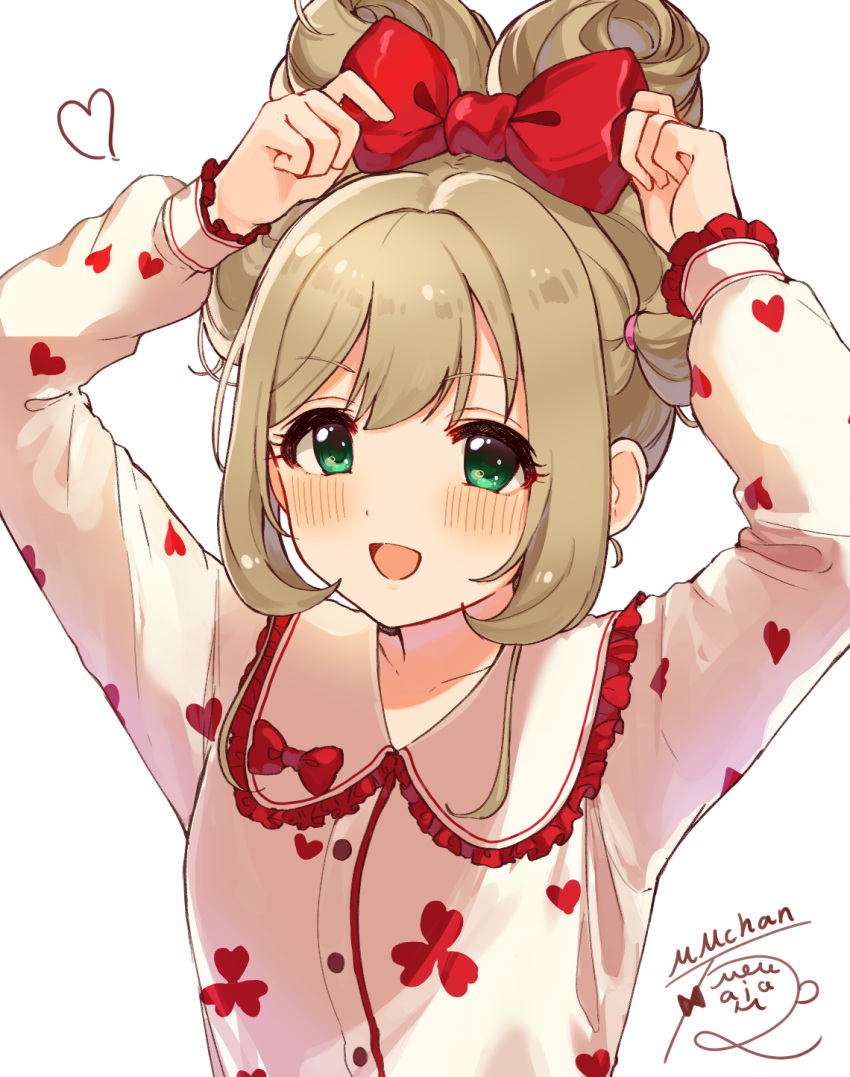 1girl adjusting_clothes adjusting_headwear blush bow brown_hair buttons cinnamiku collar collarbone dot_nose eyelashes folded_twintails frilled_collar frilled_sleeves frills green_eyes hair_bow hair_intakes heart heart_print highres idolmaster idolmaster_cinderella_girls idolmaster_cinderella_girls_starlight_stage long_hair long_sleeves looking_at_viewer mmmakaron888 open_mouth puffy_long_sleeves puffy_sleeves red_bow red_frills sato_shin sidelocks signature smile solo swept_bangs tareme underwear white_background