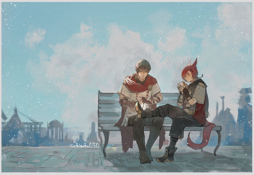 2boys absurdres adventurer_(ff14) animal_ears ankle_boots bench black_footwear black_pants black_scarf blue_eyes blue_sky boots border braid braided_ponytail brown_gloves brown_hair brown_shirt burger cape cat_boy cat_ears cat_tail city clouds crossed_bangs day elbow_gloves facial_mark final_fantasy final_fantasy_xiv fingerless_gloves food g'raha_tia gloves hair_ornament highres holding holding_food hyur jushenger looking_at_another low_ponytail male_focus miqo'te multiple_boys neck_tattoo on_bench outdoors pants red_cape red_eyes redhead scarf shirt short_hair single_braid sitting sky slit_pupils smile swept_bangs tail tattoo thigh_boots twitter_username tying_footwear warrior_of_light_(ff14) white_border wide_shot x_hair_ornament