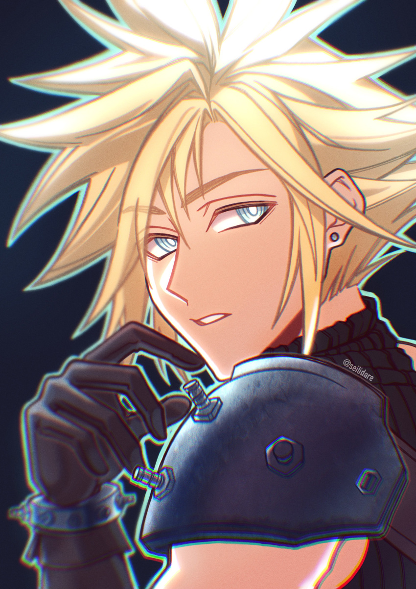 1boy absurdres armor black_background black_gloves blonde_hair blue_eyes cloud_strife commentary earrings english_commentary final_fantasy final_fantasy_vii final_fantasy_vii_remake from_side gloves hair_between_eyes hand_up highres jewelry looking_at_viewer looking_to_the_side male_focus parted_lips seilidare short_hair shoulder_armor single_bare_shoulder single_earring sleeveless sleeveless_turtleneck solo spiky_hair stud_earrings sweater turtleneck turtleneck_sweater twitter_username upper_body