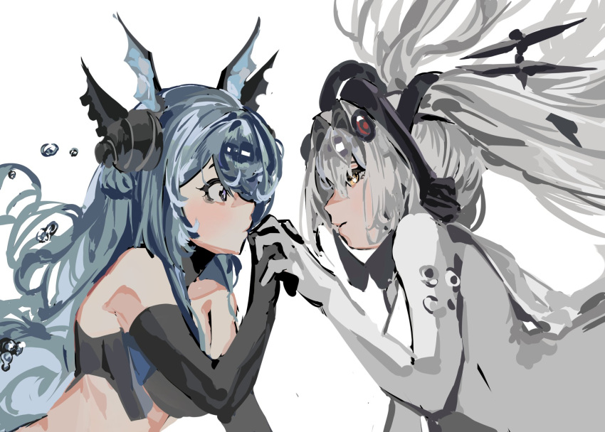 2girls air_bubble black_bra black_gloves blue_eyes blue_hair bodysuit bra bubble elbow_gloves fins floating_headgear gloves grey_bodysuit grey_hair hair_ornament head_fins headgear highres holding_hands lamia_(punishing:_gray_raven) long_hair luna:_laurel_(punishing:_gray_raven) luna_(punishing:_gray_raven) multiple_girls orange_eyes punishing:_gray_raven shell_hair_ornament twintails underwear white_background yongsadragon