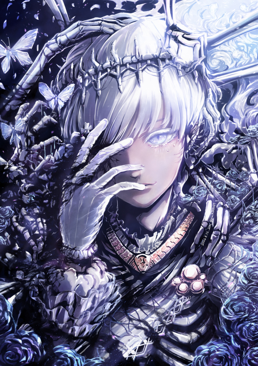 1boy blue_flower bone bone_armor bone_hair_ornament bug butterfly close-up colored_eyelashes crystal flower gloves gold_necklace hair_ornament hand_on_own_face highres jewelry looking_at_viewer necklace one_eye_covered original puchikun short_hair solo upper_body white_eyes white_gloves white_hair