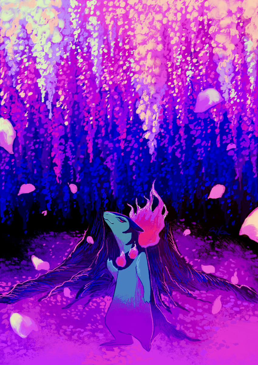 absurdres blue_fur closed_mouth falling_petals fire flower highres hisuian_typhlosion looking_at_viewer no_humans otonoha_aika outdoors petals petals_on_ground pink_fire pokemon pokemon_(creature) purple_fire red_eyes smile solo standing tree will-o'-the-wisp_(mythology) wisteria