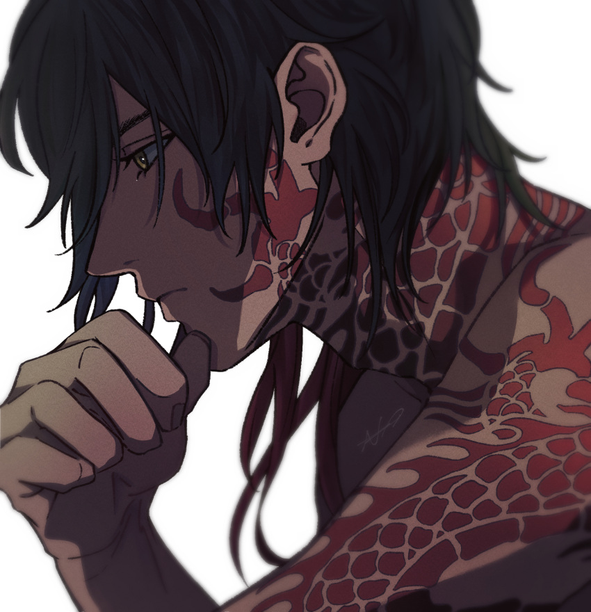 1boy adam's_apple backlighting black_hair blurry_edges closed_mouth dark-skinned_male dark_skin dragon_tattoo expressionless from_side gradient_hair hair_between_eyes hand_on_own_chin highres long_bangs looking_ahead male_focus multicolored_hair ookurikara redhead short_hair signature simple_background solo sytir tattoo topless_male touken_ranbu upper_body white_background yellow_eyes