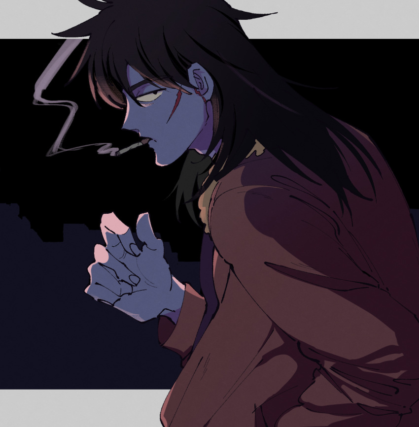 1boy black_eyes black_hair bomber_jacket brown_jacket cigarette closed_mouth commentary_request expressionless fingernails half-closed_eyes highres inudori itou_kaiji jacket kaiji long_hair long_sleeves looking_at_viewer looking_to_the_side male_focus medium_bangs profile scar scar_on_cheek scar_on_ear scar_on_face smoking solo upper_body