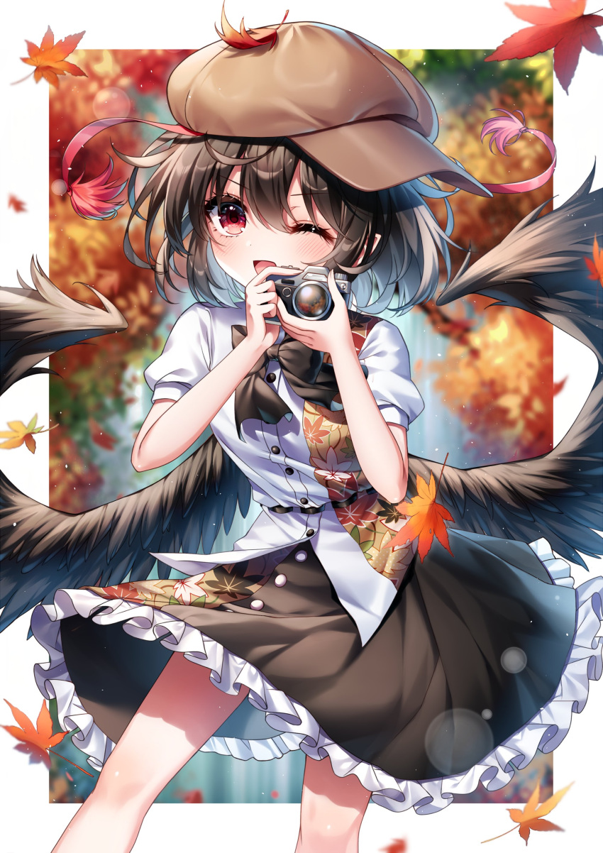 1girl absurdres bird_wings black_hair black_skirt black_wings blush brown_headwear buttons cabbie_hat camera feathered_wings feet_out_of_frame fingernails frilled_skirt frills hair_between_eyes hat highres holding holding_camera leaf maple_leaf one_eye_closed open_mouth pleated_skirt pudding_(skymint_028) red_eyes shameimaru_aya shirt short_hair short_sleeves skirt smile solo touhou white_shirt wings