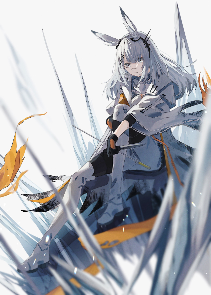 1girl absurdres animal_ears arknights asymmetrical_bangs black_gloves black_thighhighs blunt_bangs boots closed_mouth coat ear_ornament frostnova_(arknights) full_body gloves grab_pigeon grey_eyes hair_ornament hair_over_one_eye hairclip highres holding holding_knife holding_weapon ice knee_boots knife long_hair looking_at_viewer orange_armband rabbit_ears rabbit_girl ring_hair_ornament scar scar_on_face scar_on_nose sitting solo thigh-highs weapon white_background white_coat white_footwear white_hair