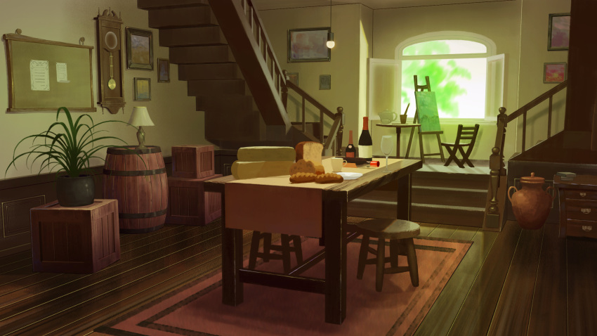 barrel bottle bread canvas_(object) chair clock crate cup drawer drinking_glass food highres indoors naohiro no_humans original paintbrush painting_(object) pendulum_clock plant potted_plant scenery stairs stool table vase wall_clock wine_bottle wine_glass