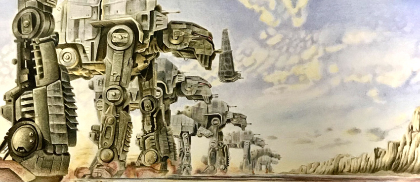 at-at bonbon20170916 cliff clouds colored_pencil_(medium) commentary_request dust highres no_humans spacecraft star_wars star_wars:_the_last_jedi traditional_media