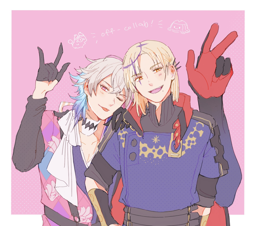 2boys asymmetrical_bangs asymmetrical_clothes black_gloves blonde_hair border cloak english_commentary english_text extra_arms floral_print gavis_bettel gloves grey_hair hair_between_eyes hand_on_another's_shoulder happy high_collar highres holostars holostars_english looking_at_viewer magmite_(magni_dezmond) magni_dezmond male_focus mole mole_under_mouth multiple_boys one_eye_closed phantom_(gavis_bettel) pink_background pink_eyes riz_tempura scarf short_hair sketch standing tongue tongue_out upper_body white_border white_scarf yellow_eyes