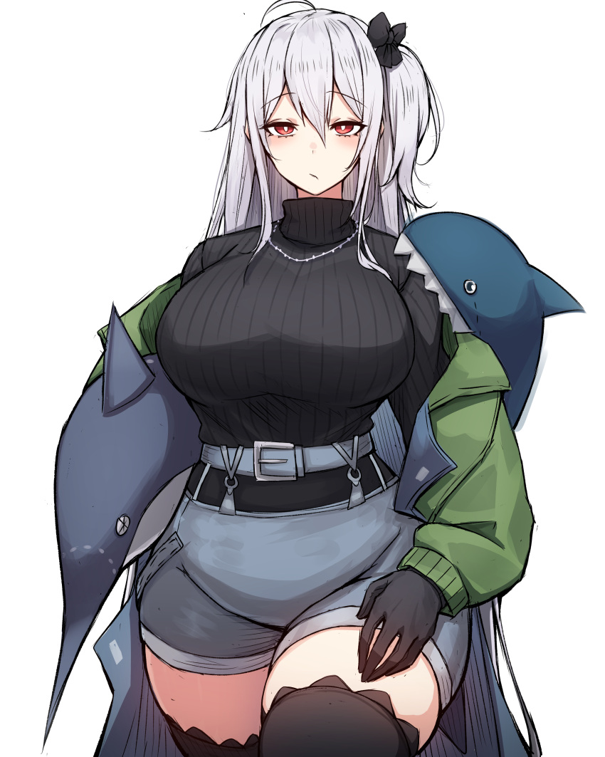 1girl absurdres ahoge arknights asymmetrical_hair belt black_bow black_gloves black_sweater black_thighhighs blush bow breasts closed_mouth commentary cowboy_shot frown gloves green_jacket grey_belt grey_hair grey_shorts hair_between_eyes hair_bow highres holding holding_stuffed_toy jacket jewelry large_breasts long_hair looking_at_viewer necklace off_shoulder official_alternate_costume open_clothes open_jacket red_eyes ribbed_sweater rikuguma short_shorts shorts side_ponytail simple_background skadi_(arknights) skadi_(the_next_afternoon_tea)_(arknights) solo standing stuffed_animal stuffed_shark stuffed_toy sweater thigh-highs thighs turtleneck turtleneck_sweater white_background zettai_ryouiki