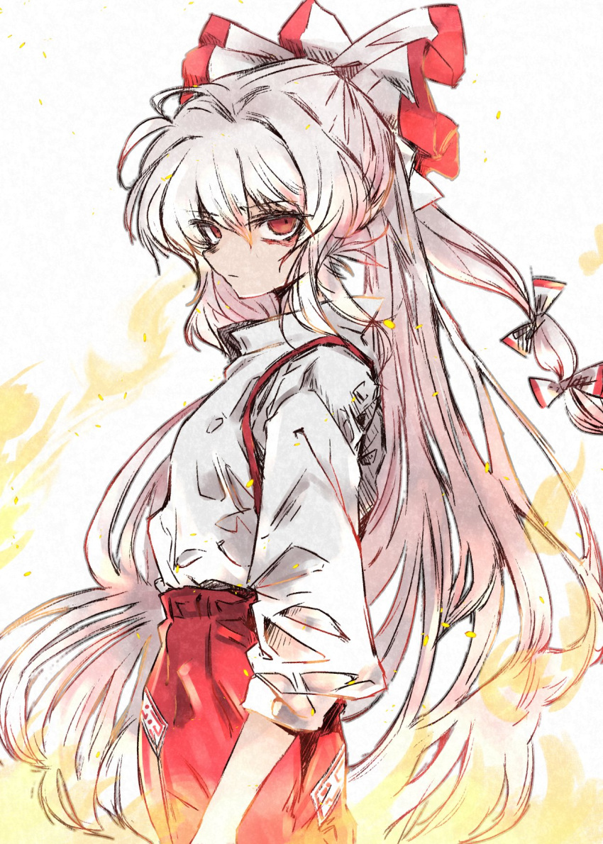 1girl bow closed_mouth cowboy_shot deal360acv fire from_side fujiwara_no_mokou grey_hair hair_bow highres long_hair pants red_eyes red_pants shirt simple_background sleeves_past_elbows solo touhou white_background white_bow white_shirt