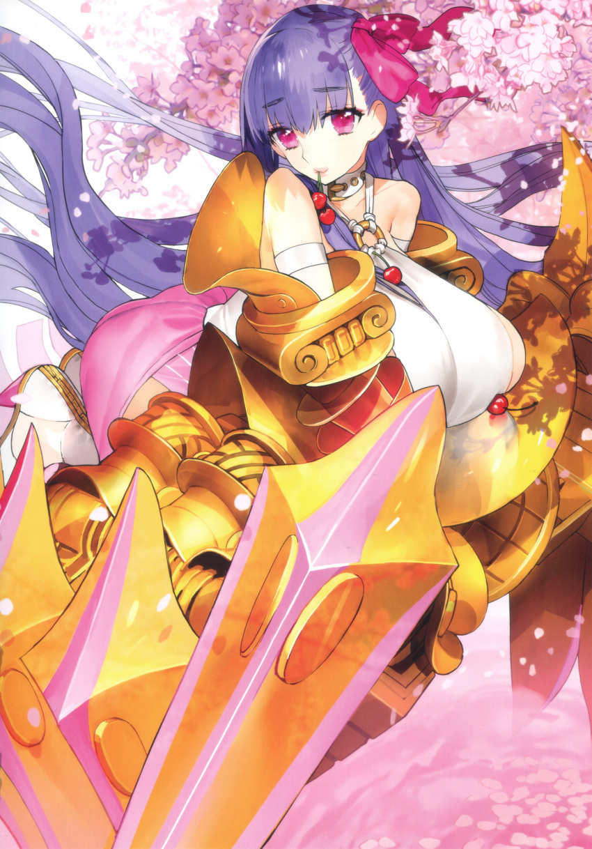 absurdres breasts cherry cherry_blossoms claw_(weapon) claws fate/extra fate/extra_ccc fate/grand_order fate_(series) food fruit gigantic_breasts highres huge_breasts long_hair looking_at_viewer official_art passionlip_(fate) pink_eyes pink_ribbon purple_hair ribbon wada_arco weapon