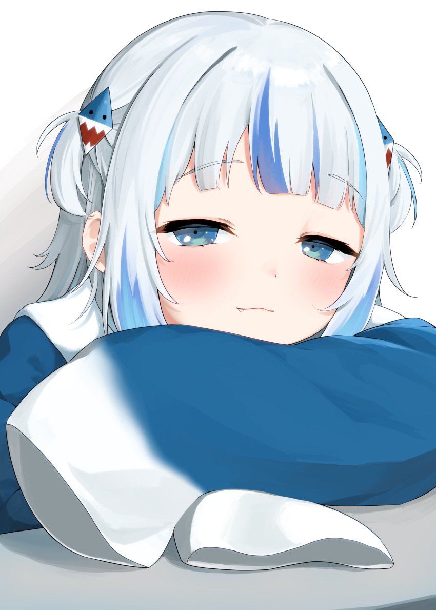 1girl :3 absurdres blue_eyes blue_hair blue_hoodie blunt_bangs blush choppy_bangs closed_mouth commentary gawr_gura gawr_gura_(1st_costume) grey_hair hair_ornament half-closed_eyes head_rest highres hololive hololive_english hood hoodie long_hair long_sleeves looking_at_viewer multicolored_hair myolu shark_hair_ornament sleeves_past_fingers sleeves_past_wrists smug solo streaked_hair two_side_up virtual_youtuber wide_sleeves