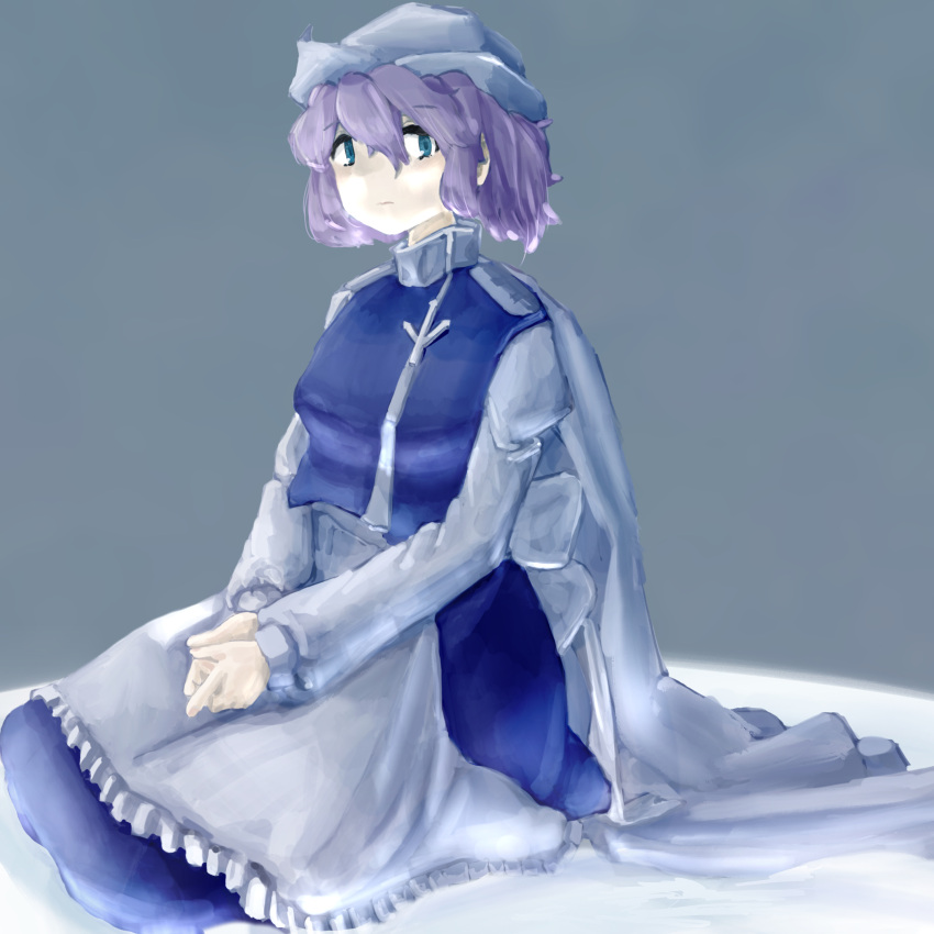 1girl absurdres grey_background highres koyane_(silver81106) letty_whiterock looking_at_viewer medium_hair on_ground sitting solo touhou