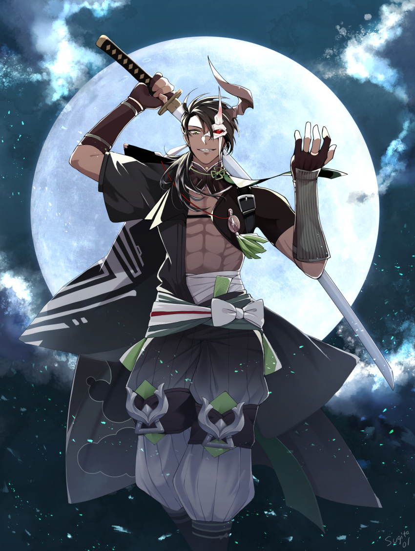 1boy abs aragami_oga arm_guards arm_up armor asymmetrical_clothes black_collar black_hair black_kimono black_pants bow clouds collar commentary dark-skinned_male dark_skin demon_boy earrings feet_out_of_frame full_moon gloves gradient_clothes gradient_pants green_eyes green_sash grin hadanugi_dousa hair_over_one_eye hair_over_shoulder half_mask hand_up highres holding holding_sword holding_weapon holostars horns igote japanese_armor japanese_clothes jewelry kimono light_particles long_hair looking_at_viewer low_ponytail male_focus mask moon night night_sky official_alternate_costume ootachi pants partially_fingerless_gloves pectoral_cleavage pectorals puffy_pants red_eyes sarashi sash sayagata sharp_teeth short_sleeves shoulder_armor single_earring single_horn sky smile sode solo standing straight-on sugita sword symbol-only_commentary tassel teeth toned toned_male virtual_youtuber weapon white_bow white_mask white_pants white_sash