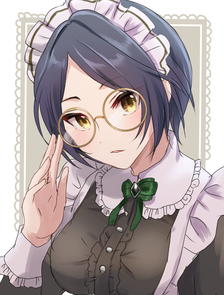 1girl absurdres apron bespectacled black_dress black_hair blue_hair blush border bow bowtie breasts chii_(sbshop) dress frilled_dress frills glasses green_bow green_bowtie hand_up hayami_kanade highres idolmaster idolmaster_cinderella_girls idolmaster_cinderella_girls_starlight_stage large_breasts light_brown_background long_sleeves looking_at_viewer maid maid_headdress open_hand outside_border parted_bangs parted_lips round_eyewear short_hair solo upper_body white_apron white_border yellow-framed_eyewear yellow_eyes