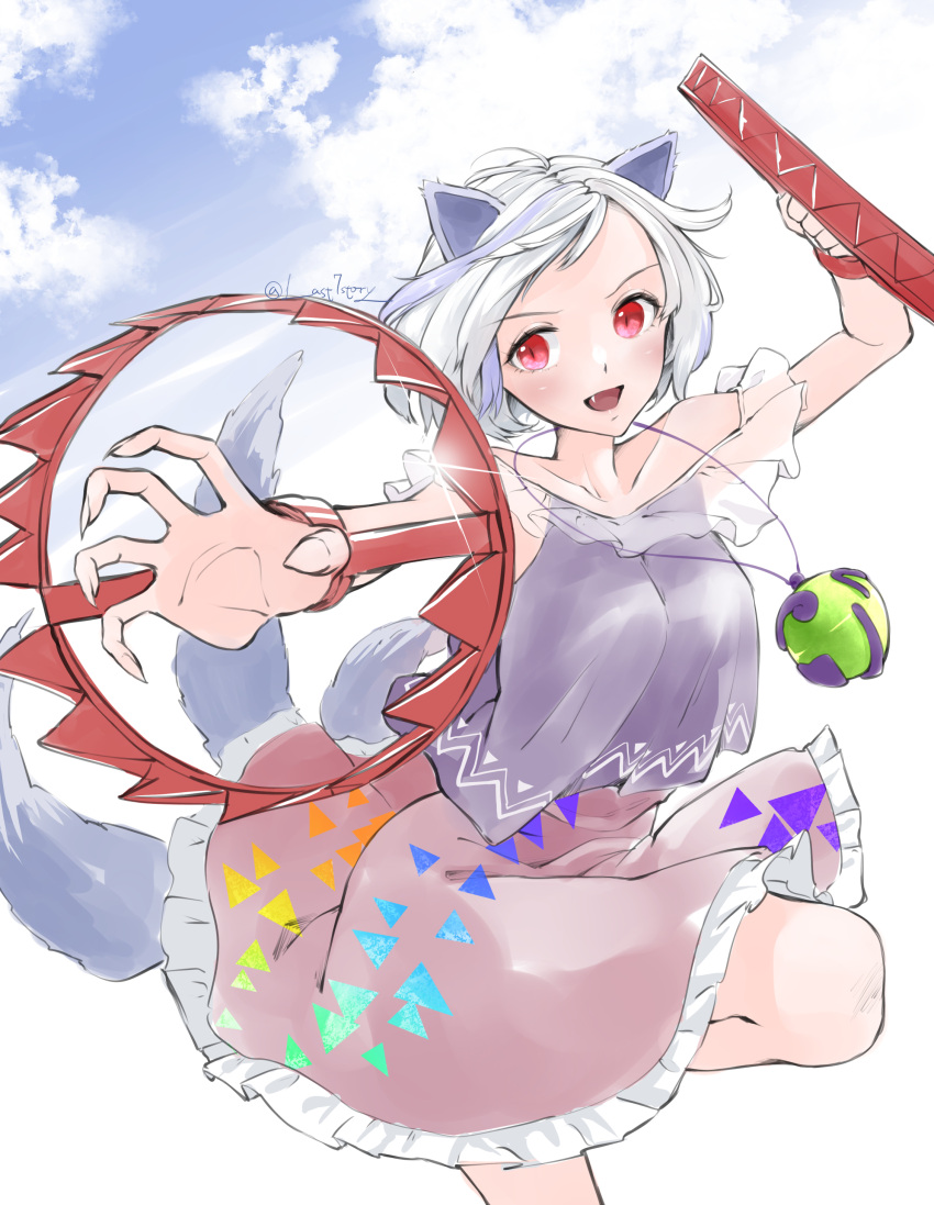 1girl absurdres animal_ears dog_ears dog_tail fang foothold_trap frilled_skirt frills grey_hair highres mitsugashira_enoko multicolored_hair multiple_tails open_mouth otomeza_ryuseigun pink_skirt purple_hair purple_shirt red_eyes shirt short_hair skirt solo tail touhou unfinished_dream_of_all_living_ghost