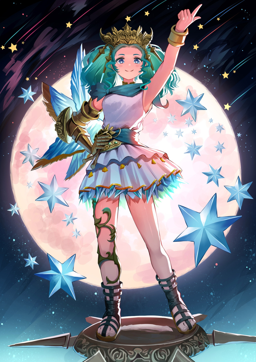 1girl aqua_hair arm_up asymmetrical_wings black_footwear blue_eyes blue_scarf blue_wings bracelet chinese_commentary commentary_request contrapposto curly_hair dress final_fantasy final_fantasy_xiv full_body full_moon gauntlets hand_on_own_hip highres huge_moon index_finger_raised jewelry leg_wrap legs_apart looking_at_viewer medium_hair menphina moon night night_sky outstretched_arm sandals sash scarf shooting_star short_twintails sidelocks single_gauntlet sky sleeveless sleeveless_dress smile solo standing tiara twintails ver-aero white_dress wings