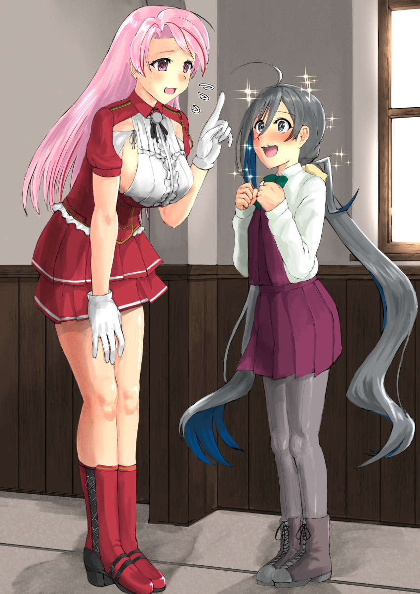 1girl absurdres ahoge aiguillette aqua_bow aqua_bowtie armpit_cutout blush bow bowtie breasts clothing_cutout dress facing_viewer full_body gloves grey_eyes grey_hair grey_pantyhose hair_between_eyes hair_bun halter_dress halterneck height_difference highres kantai_collection kiyoshimo_(kancolle) large_breasts long_hair low_twintails luigi_di_savoia_duca_degli_abruzzi_(kancolle) mrdotd multicolored_hair nose_blush one_eye_closed pantyhose pink_eyes pink_hair purple_dress red_footwear red_shirt red_skirt school_uniform shirt single_hair_bun skirt solo sparkle standing streaked_hair twintails white_gloves