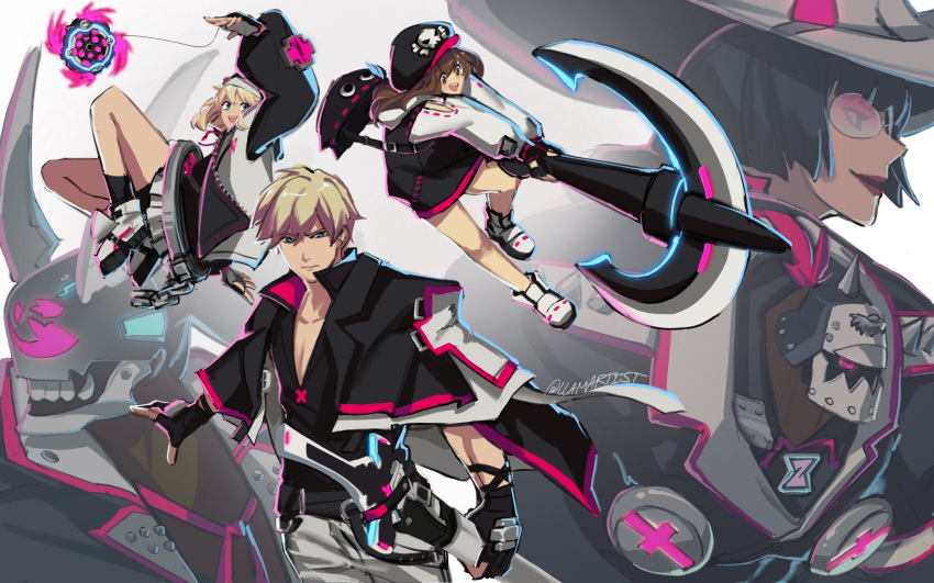 3boys 3girls alternate_color anchor aqua_eyes bike_shorts bike_shorts_under_skirt black_gloves black_hair black_headwear blonde_hair blue_eyes blush bridget_(guilty_gear) brown_hair cabbie_hat covered_face cuffs dark-skinned_male dark_skin fighting_stance fingerless_gloves gloves guilty_gear guilty_gear_strive habit hair_between_eyes handcuffs hat hat_ornament highres holding holding_anchor hood hood_up hooded_jacket hoodie horned_mask i-no jacket jacket_on_shoulders ky_kiske llamartist long_hair long_sleeves looking_at_viewer mask may_(guilty_gear) medium_hair multiple_boys multiple_girls muscular muscular_male nagoriyuki open_clothes open_hoodie open_mouth partially_fingerless_gloves pectoral_cleavage pectorals potemkin_(guilty_gear) puffy_long_sleeves puffy_sleeves red_lips short_hair simple_background skull_and_crossbones skull_hat_ornament spiked_helmet thunderseal tinted_eyewear white_footwear white_headwear witch_hat