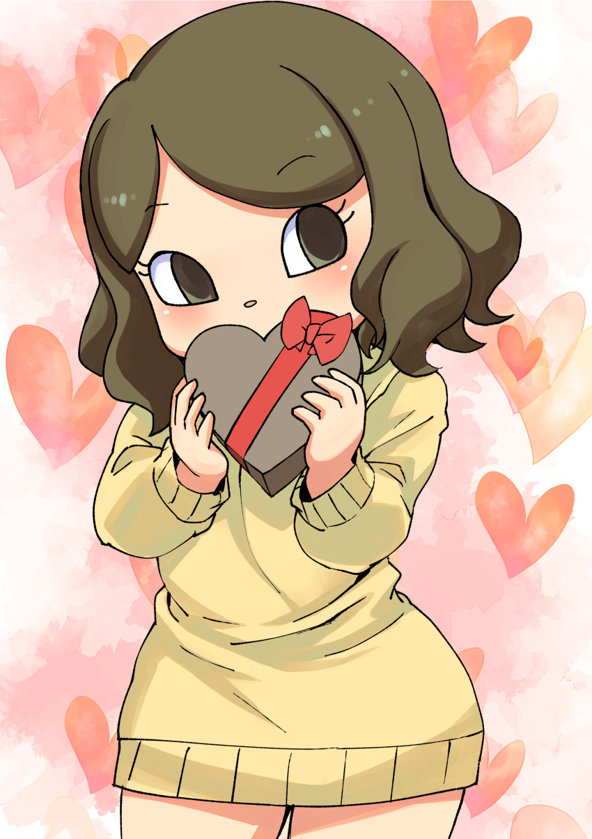 1girl absurdres animal_crossing bow box brown_hair covered_mouth cowboy_shot eyelashes green_eyes hands_up heart heart-shaped_box heart_background highres holding holding_box long_sleeves looking_to_the_side muramasa_mikado red_bow short_hair solo standing sweater swept_bangs villager_(animal_crossing) yellow_sweater