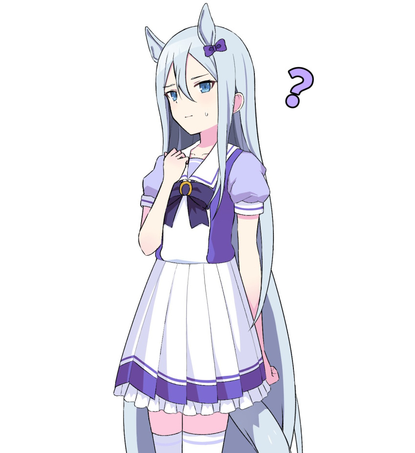 1girl ? blue_eyes blue_hair bow closed_mouth commentary cowgirl_position extra_ears hair_between_eyes hand_up hatsukishino highres horse_girl light_blue_hair long_hair looking_at_viewer project_sekai purple_bow school_uniform short_sleeves simple_background solo straddling thigh-highs very_long_hair white_background yoisaki_kanade