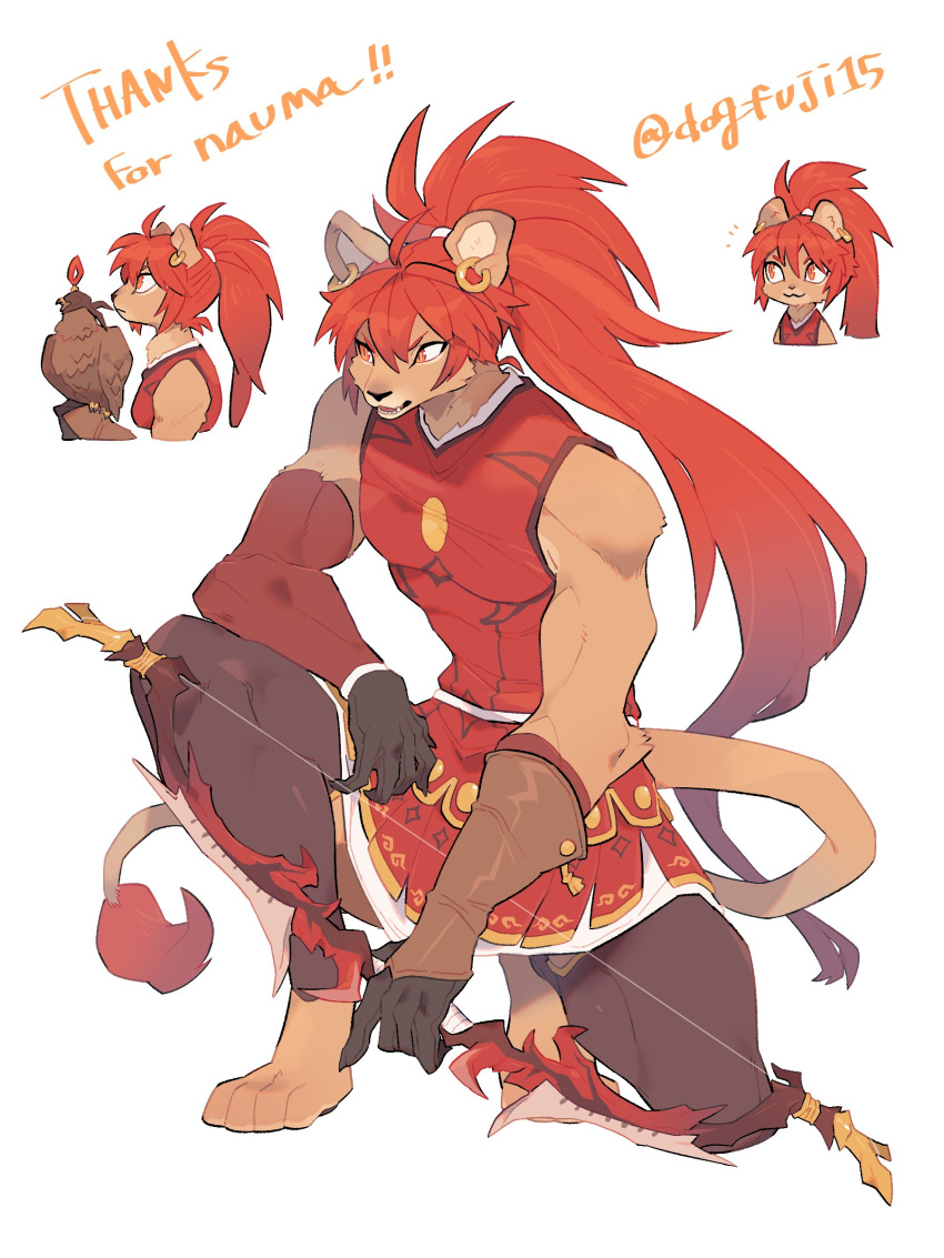 1boy absurdres animal_ears animal_feet artist_name bird black_gloves body_fur bow_(weapon) brown_fur claws commission ear_piercing falcon falconry falconry_glove fangs full_body furry furry_male gloves high_ponytail highres holding holding_bow_(weapon) holding_weapon inu_fuji lion_boy lion_ears lion_tail long_hair looking_to_the_side male_focus multiple_views on_one_knee open_mouth orange_eyes original piercing redhead simple_background skeb_commission sleeveless slit_pupils tail twitter_username very_long_hair weapon white_background
