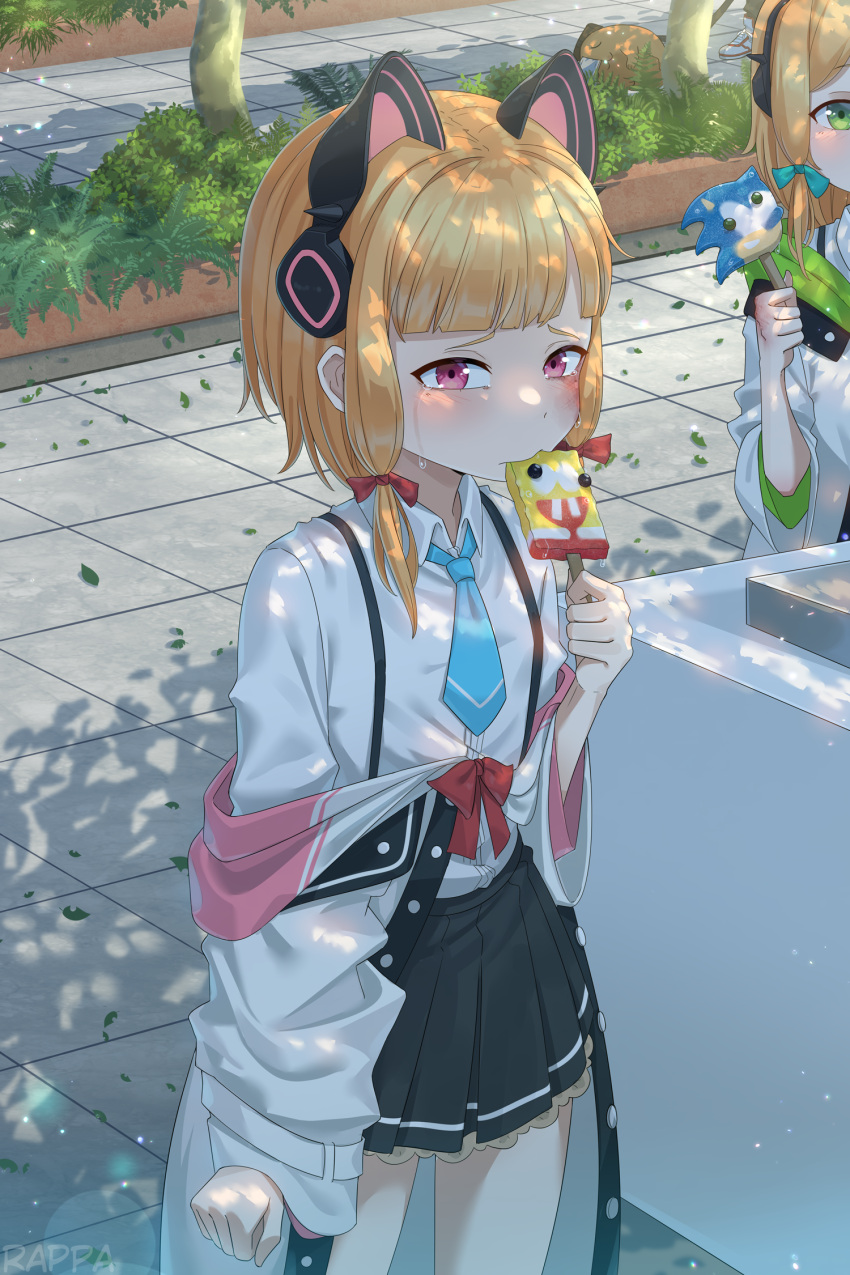 2girls animal_ear_headphones animal_ears black_skirt blonde_hair blue_archive blunt_bangs cameo cart cat_ear_headphones character_food clenched_hand coat collared_shirt commentary crying crying_with_eyes_open eating english_commentary fake_animal_ears food food_in_mouth green_eyes hair_ribbon halo headphones highres holding holding_food holding_popsicle long_sleeves looking_at_viewer midori_(blue_archive) mixed-language_commentary momoi_(blue_archive) multiple_girls open_clothes open_coat out_of_frame outdoors park parted_bangs plant pleated_skirt popsicle popsicle_in_mouth potted_plant rappa ribbon sad school_uniform shirt short_hair siblings sidelocks skirt sonic_(series) sonic_the_hedgehog sonic_the_hedgehog_(classic) spongebob_squarepants spongebob_squarepants_(character) suspender_skirt suspenders tears tile_floor tiles tree tree_shade tress_ribbon twins violet_eyes white_coat white_shirt