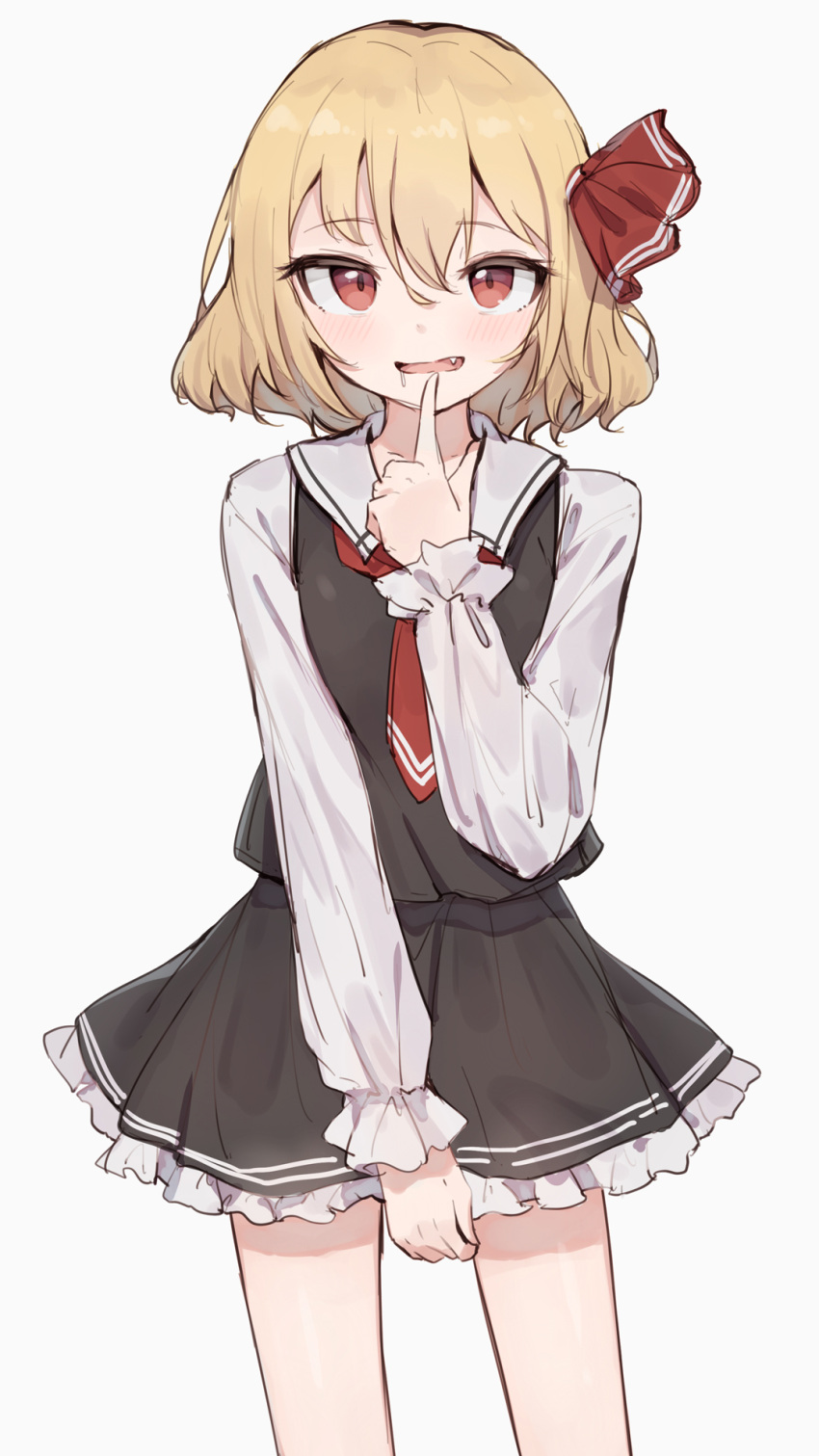 1girl black_skirt black_vest blonde_hair blush collared_shirt fang frilled_skirt frills hair_ribbon highres long_sleeves looking_at_viewer necktie open_mouth red_eyes red_necktie red_ribbon ribbon rumia shirt shone short_hair simple_background skirt smile solo touhou vest white_background white_shirt