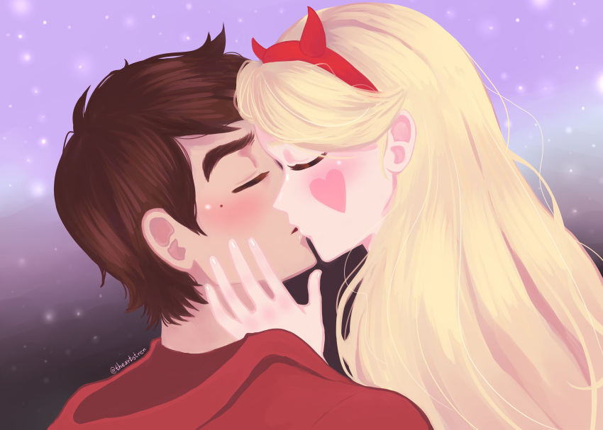 1boy 1girl blonde_hair brown_hair closed_eyes couple female horns kiss male marco_diaz star_butterfly star_vs_the_forces_of_evil