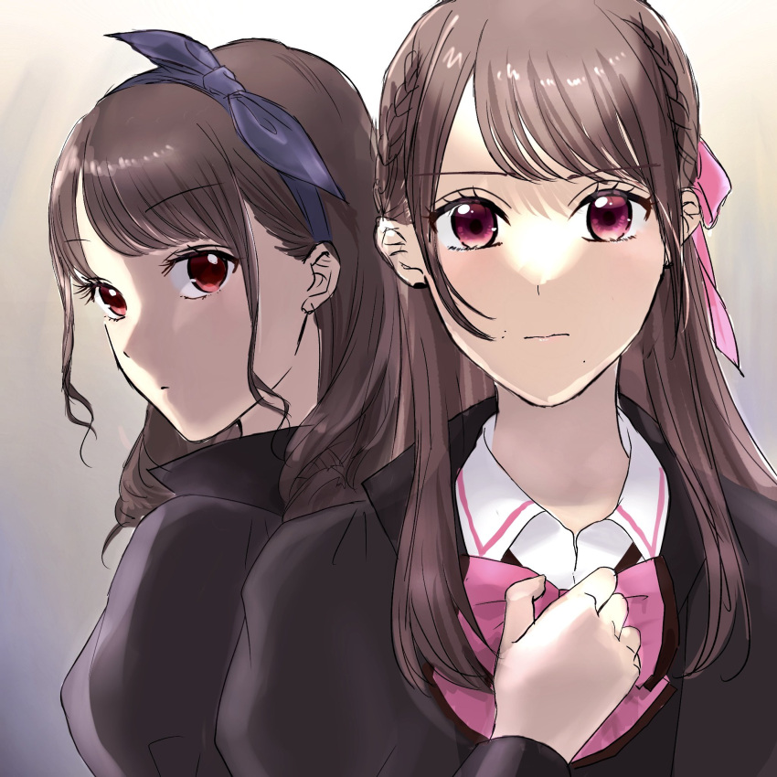 2girls assault_lily blue_bow blue_hairband bow bow_hairband bowtie braid brown_background brown_hair brown_jacket closed_mouth collared_shirt commentary_request french_braid fukuyama_jeanne_sachie gradient_background grey_background hair_bow hair_ribbon hairband hand_on_own_chest hand_up highres jacket juliet_sleeves kuroki_francisca_yuria long_hair long_sleeves looking_at_viewer looking_to_the_side ludvico_private_girls'_academy_school_uniform medium_hair multiple_girls pink_bow pink_bowtie pink_eyes pink_ribbon puffy_sleeves red_eyes ribbon school_uniform shakeza shirt upper_body white_shirt