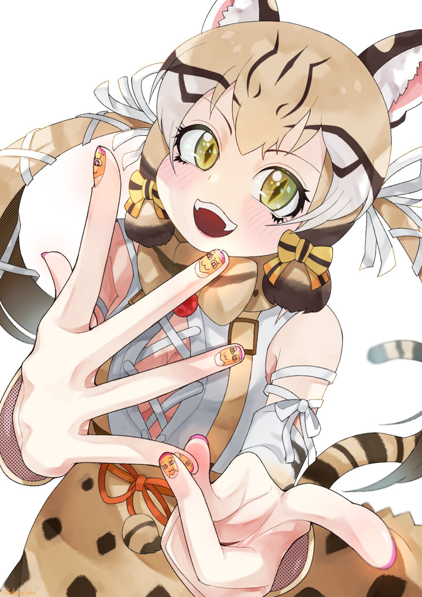 1girl animal_ears bow bowtie cat_ears cat_girl cat_tail extra_ears geoffroy's_cat_(kemono_friends) green_eyes grey_hair highres kedama_(ughugjydthjdf) kemono_friends kemono_friends_v_project long_hair looking_at_viewer microphone nail_art open_mouth ribbon shirt simple_background skirt solo suspenders tail twintails virtual_youtuber
