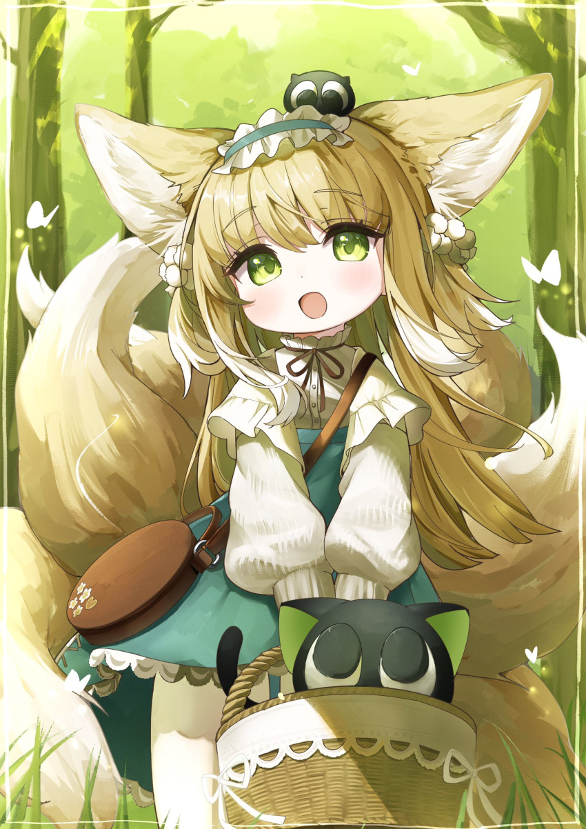 1girl animal_ear_fluff animal_ears aqua_hairband aqua_skirt arknights bag basket black_cat blonde_hair brown_bag brown_ribbon cardigan cat commentary_request creature_on_head crossover fox_ears fox_girl fox_tail frilled_hairband frills green_eyes hair_ornament hair_scrunchie hairband handbag heixiu high-waist_skirt highres holding holding_basket kitsune kyuubi long_sleeves looking_up luo_xiaohei luo_xiaohei_zhanji multicolored_hair multiple_tails neck_ribbon official_alternate_costume on_head open_cardigan open_clothes open_mouth puffy_long_sleeves puffy_sleeves ribbon round_bag rucha_(dokkanhanabi) scrunchie shirt shoulder_bag skirt suzuran_(arknights) suzuran_(spring_praise)_(arknights) tail two-tone_hair white_cardigan white_hair white_shirt