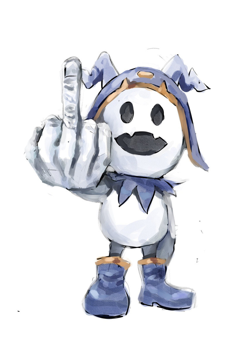 1other blue_footwear blue_headwear boots bukibukibuk colored_skin fangs full_body hat highres jack_frost looking_at_viewer middle_finger no_pupils open_mouth shin_megami_tensei smile standing white_background white_skin