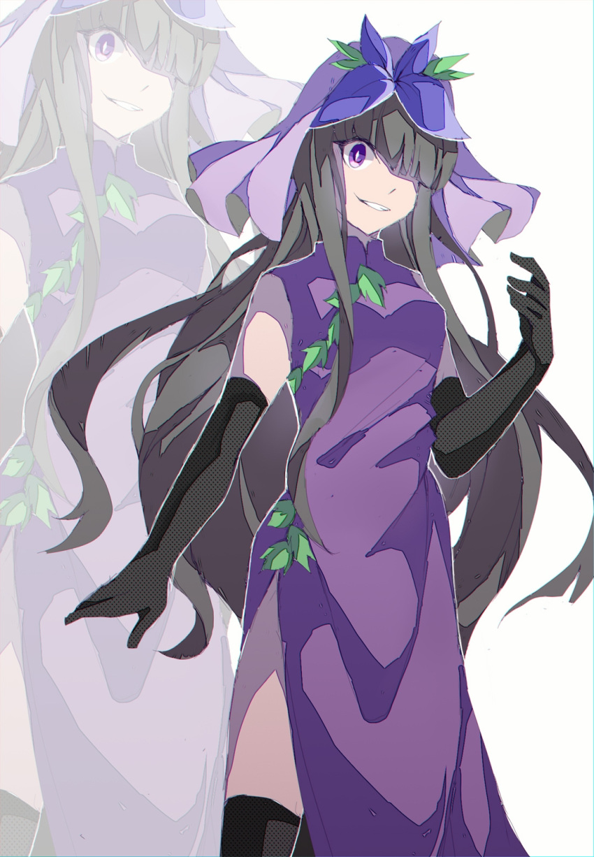 1girl black_gloves black_hair china_dress chinese_clothes dress elbow_gloves flower flower_on_head gloves grin hair_over_one_eye highres long_hair multiple_views nymphus purple_dress purple_flower simple_background smile touhou unfinished_dream_of_all_living_ghost vine_print violet_eyes white_background yomotsu_hisami zoom_layer