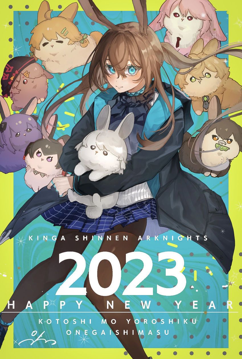 1girl 2023 amiya_(arknights) animal animal_ears animal_hug animalization arknights black_jacket blue_eyes blue_skirt brown_hair brown_pantyhose character_request chinese_zodiac closed_mouth feet_out_of_frame hair_between_eyes happy_new_year highres jacket kroos_(arknights) long_sleeves open_clothes open_jacket pantyhose pleated_skirt ponytail popukar_(arknights) puffy_long_sleeves puffy_sleeves rabbit_ears romaji_text rope_(arknights) senjou_no_pentsu shirt skirt smile solo translation_request white_shirt year_of_the_rabbit
