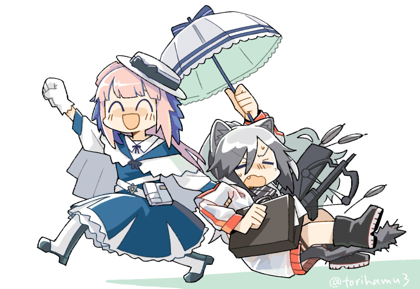 2girls animal_ears annoyed arknights arrow_(projectile) belt black_footwear black_shirt blue_dress blue_feathers blush boots briefcase cat_ears cat_girl ceylon_(arknights) cloak closed_eyes coat commentary crossbow dragging dress feather_hair feathers gloves grey_hair happy hat highres holding holding_umbrella jacket konno_akikaze long_hair multiple_belts multiple_girls open_clothes open_jacket open_mouth paper pink_hair pouch quiver schwarz_(arknights) shirt simple_background sweat twitter_username umbrella weapon white_background white_belt white_coat white_footwear white_gloves white_headwear white_jacket