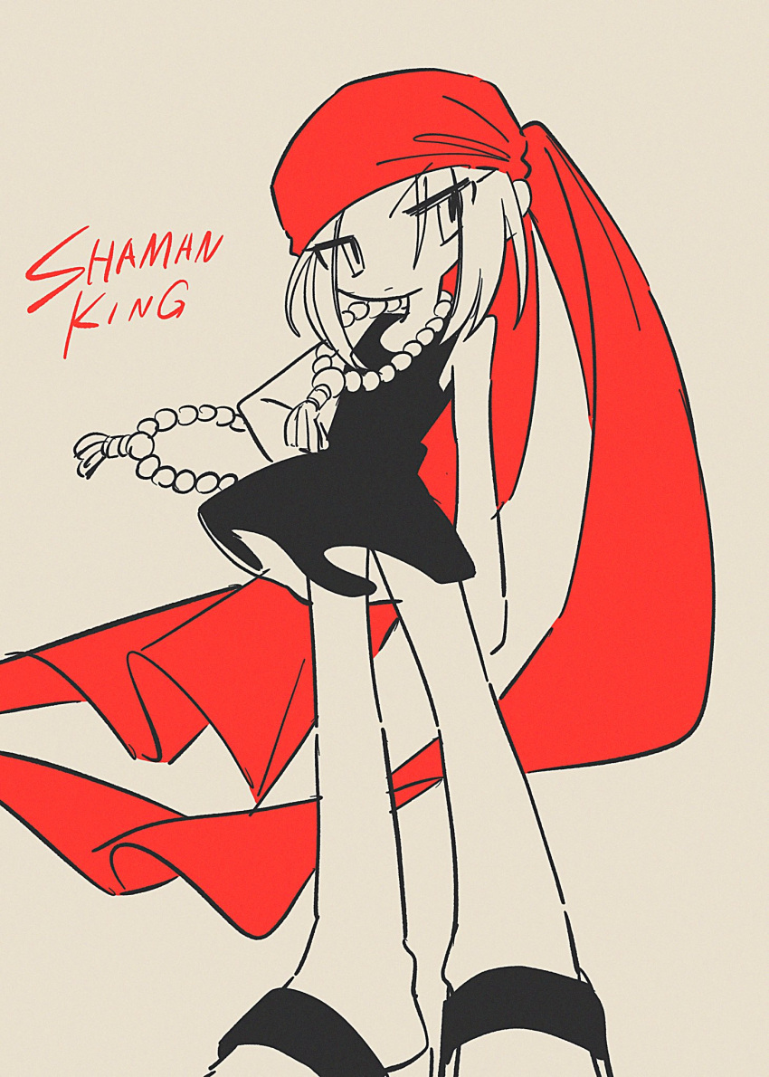 1girl bandana bead_necklace beads black_dress closed_mouth copyright_name dress frown hand_on_own_hip highres jewelry kyouyama_anna long_legs menma_(enaic31) necklace no_nose prayer_beads red_bandana sandals shaman_king short_dress short_hair simple_background solo spot_color