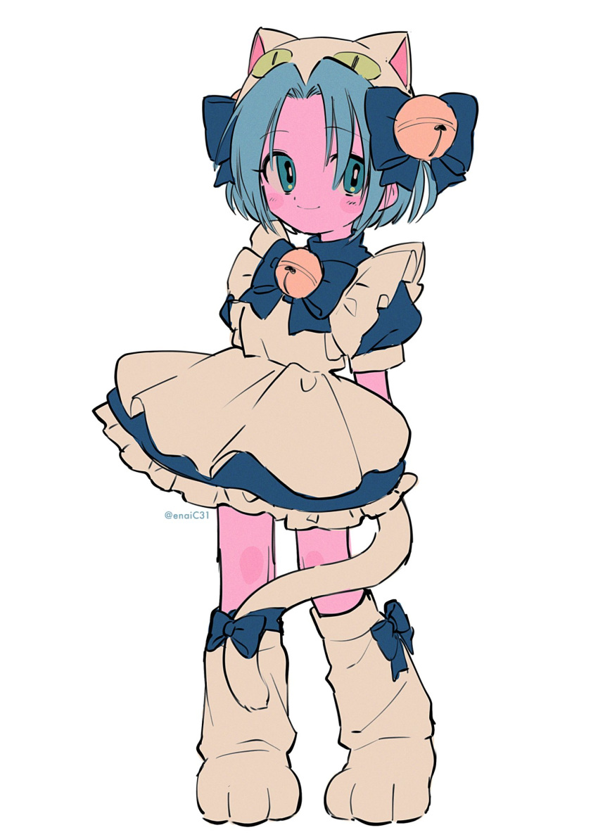 1girl animal_feet animal_hat apron arms_behind_back bell blue_bow blue_dress blush_stickers bow cat_hat cat_tail closed_mouth dejiko di_gi_charat dress frilled_dress frills full_body green_eyes green_hair hat highres jingle_bell maid_apron menma_(enaic31) puffy_short_sleeves puffy_sleeves short_sleeves smile solo tail tail_bow tail_ornament white_background