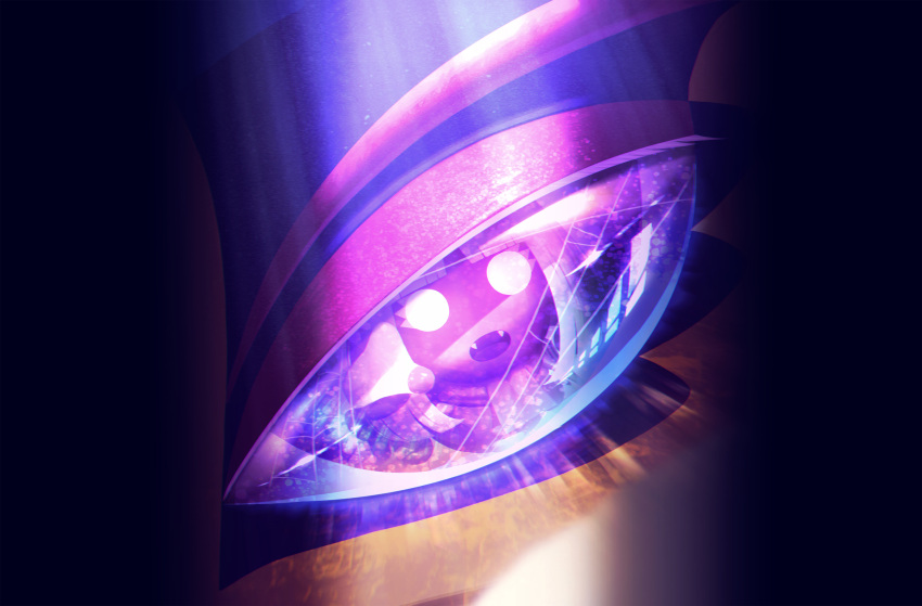 1girl 5health commentary_request dual_persona eye_focus eye_reflection eyeshadow fangs highres kirby:_triple_deluxe kirby_(series) looking_at_viewer makeup open_mouth queen_sectonia reflection scarf violet_eyes