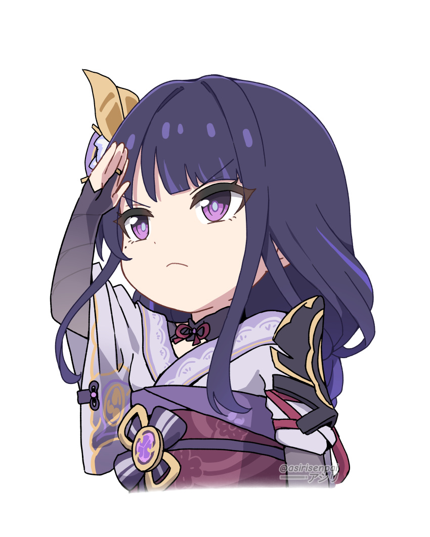 1girl absurdres armor asiri_senpai bridal_gauntlets chibi closed_mouth cropped_torso genshin_impact highres long_hair long_sleeves looking_up mole mole_under_eye obi purple_hair raiden_shogun salute sash shoulder_armor simple_background solo twitter_username white_background wide_sleeves