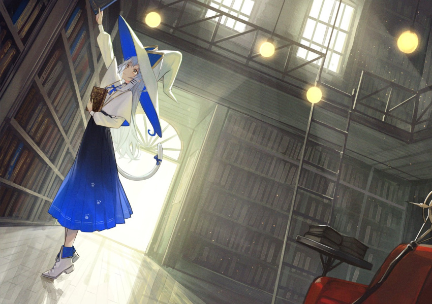 1girl blue_skirt book book_stack bookshelf capelet cat_girl cat_tail chair hat holding holding_book indoors ladder long_hair long_skirt original ribbon shirt skirt solo staff table tail tail_ornament tail_ribbon white_capelet white_footwear white_hair white_headwear white_shirt window witch witch_hat xyunx yellow_eyes