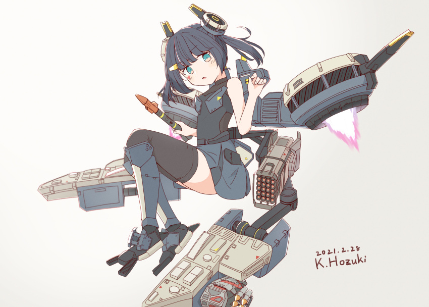 1girl absurdres battle_of_titans blue_eyes blue_hair chest_armor dark_blue_hair flying headgear highres holding holding_missile hozukikasumi low_twintails mecha_musume mechanical_legs mechanical_parts missile missile_pod multishot_rocket_launcher personification rocket_launcher skirt thigh-highs thrusters twintails weapon white_background