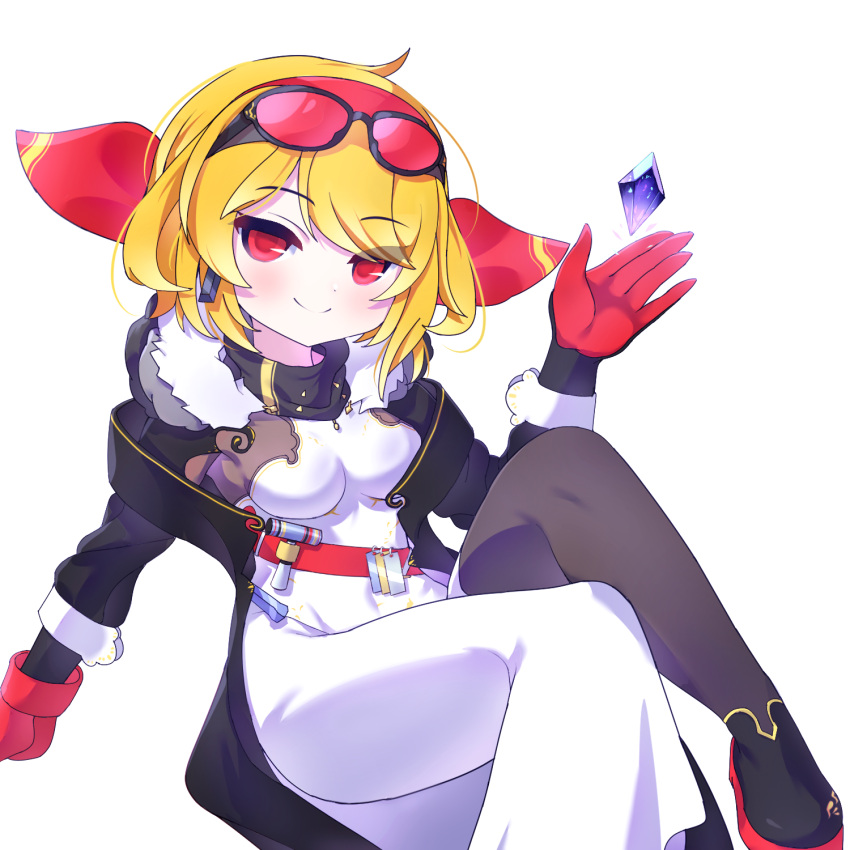 1girl bad_source blonde_hair highres hololive hololive_indonesia kaela_kovalskia kaela_kovalskia_(1st_costume) sitting smile solo sunglasses